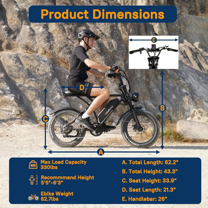 20" Fat Tire Electric Bike for Adult, 1000W Mountain Ebike, 48V 15.6Ah Removable Battery, 7 Speed Disc Brake E-Motorcycle Bike UL2849