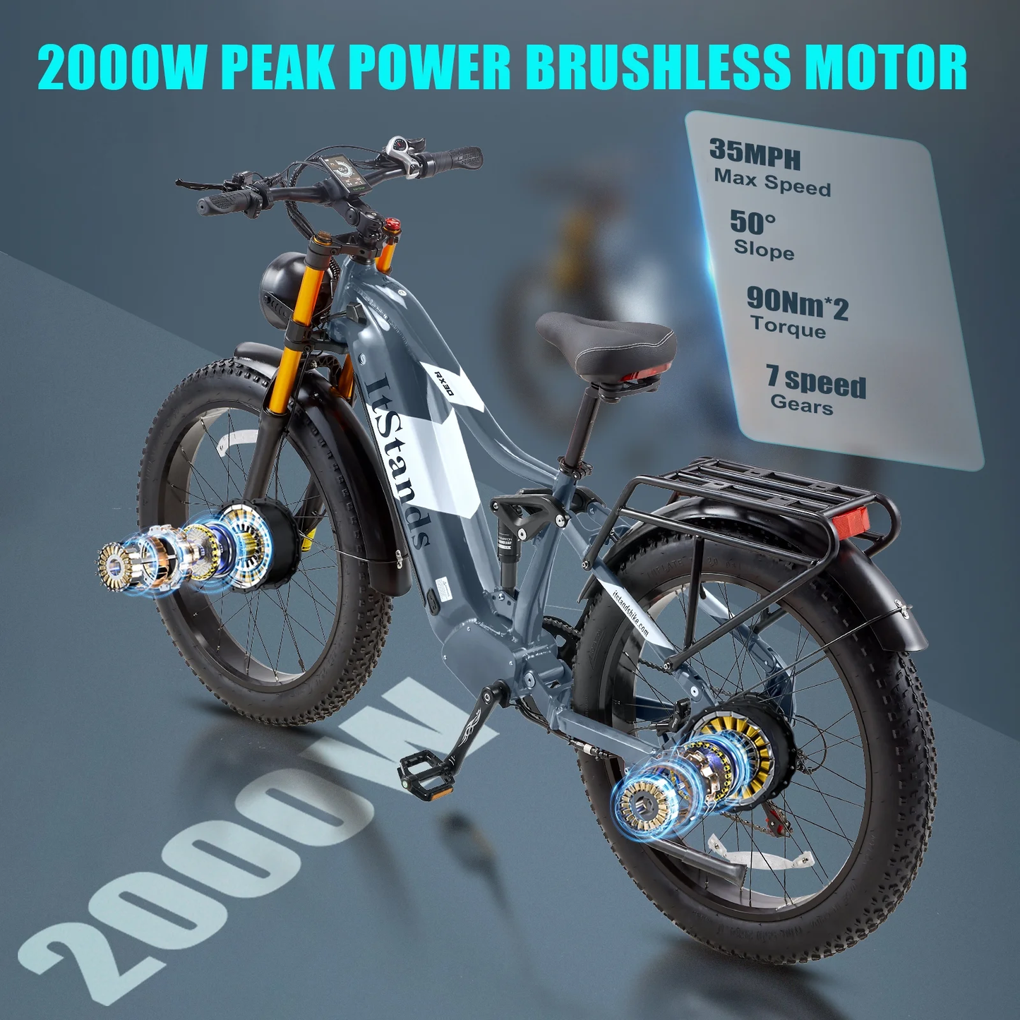 Dual Motors AWD 2000W Electric Bike for Adult 26'', UL2849 48V 60AH Removable Battery E-Mountain Bike 4'' Fat Tire up to 35Mph&200Miles Long Range off Road Ebike Beach Dual Hydraulic&Brakes E-Bicycle