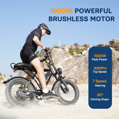 20" Fat Tire Electric Bike for Adult, 1000W Mountain Ebike, 48V 15.6Ah Removable Battery, 7 Speed Disc Brake E-Motorcycle Bike UL2849